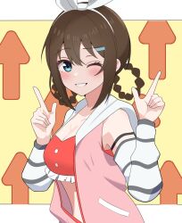  ;d absurdres arrow_(symbol) bikini blue_eyes blush bow bow_hairband braided_hair_rings breasts brown_hair cleavage commentary_request daito_(daitooekakiaka) double_finger_gun female finger_gun grin hair_between_eyes hair_ornament hairband hairclip hands_up highres jacket large_breasts letterboxed looking_at_viewer love_live! love_live!_nijigasaki_high_school_idol_club love_live!_nijigasaki_high_school_idol_club_kanketsu-hen official_alternate_costume official_alternate_hairstyle one_eye_closed open_clothes open_jacket osaka_shizuku outside_border pink_jacket red_bikini sidelocks sleeveless sleeveless_jacket smile solo swimsuit upper_body white_arm_warmers white_bow white_hairband yellow_background 