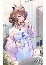  absurdres airi_kanna bare_shoulders blue_hair brown_hair brushing_teeth cup dragon_girl dragon_horns female hair_ribbon highres holding holding_cup holding_toothbrush horns indoors long_hair multicolored_hair one_eye_closed open_clothes picter ribbon sleeveless stellive streaked_hair toothbrush virtual_youtuber 