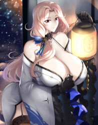  black_garter_straps black_gloves black_thighhighs blonde_hair blue_butterfly blue_ribbon breasts bug butterfly butterfly_ornament cleavage collarbone commentary_request female fur-trimmed_kimono fur_trim garter_straps gloves goddess_of_victory:_nikke haganef hair_over_shoulder hair_ribbon holding holding_lantern huge_breasts japanese_clothes kimono lantern long_hair looking_at_viewer ludmilla_(nikke) ludmilla_(winter_owner)_(nikke) official_alternate_costume parted_bangs red_eyes ribbon smile solo striped_ribbon thighhighs white_kimono 