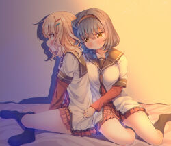  2girls averting_eyes bed_sheet black_headband black_socks blonde_hair blue_hair blush breasts brown_eyes clothes_pull furutani_himawari hair_ornament hairclip headband highres large_breasts leaning_on_person legs multiple_girls nanamori_school_uniform oomuro_sakurako school_uniform short_hair socks takahero thighs yuri yuru_yuri 