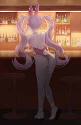  absurdres alcohol alice_(nikke) alice_(wonderland_bunny)_(nikke) animal_ears ass bar_(place) bar_stool bow breasts counter detached_collar fake_animal_ears female from_behind genkoubeya_shig goddess_of_victory:_nikke hair_ornament highres large_breasts leotard long_hair pantyhose pink_bow pink_leotard playboy_bunny rabbit_ears rabbit_tail stool strapless strapless_leotard tail twintails white_pantyhose white_wrist_cuffs wrist_cuffs 