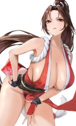  bare_shoulders between_legs black_sash black_wrist_cuffs breasts brown_eyes brown_hair chunchilin cleavage collarbone fatal_fury female floating_hair hand_between_legs hand_guard hand_on_own_hip hanging_breasts high_ponytail highres huge_breasts japanese_clothes kimono leaning_forward long_hair looking_at_viewer parted_lips pelvic_curtain ponytail red_kimono revealing_clothes sash shiranui_mai sleeveless sleeveless_kimono solo the_king_of_fighters thighs white_background wrist_cuffs 