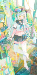  absurdres artist_request baguette bead_bracelet beads black_choker black_sailor_collar black_skirt blue_bow bow bracelet bread choker crop_top crop_top_overhang cup demon_horns female flower food hair_ribbon hat hat_flower highleg highres holding holding_cup horns indie_virtual_youtuber jewelry long_hair looking_at_viewer midriff miniskirt navel neckerchief no_shoes open_mouth panty_straps pleated_skirt ribbon sailor_collar school_uniform second-party_source serafuku shirt short_sleeves skindentation skirt smile solo standing standing_on_one_leg stirrup_legwear stomach straw_hat tastti teacup thighhighs thighs toeless_legwear very_long_hair virtual_youtuber white_hair white_shirt white_thighhighs wind_chime wristband yellow_eyes zettai_ryouiki 