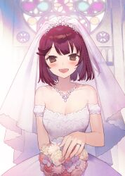  :d atelier_(series) atelier_sophie bare_shoulders bouquet breasts bridal_veil bride brown_eyes cleavage cowboy_shot detached_sleeves dress female flower highres holding holding_bouquet indoors jewelry looking_at_viewer medium_breasts necklace noco_(adamas) official_alternate_costume official_art open_mouth ring rose second-party_source short_hair smile solo sophie_neuenmuller stained_glass strapless strapless_dress veil wedding_dress wedding_ring white_dress 