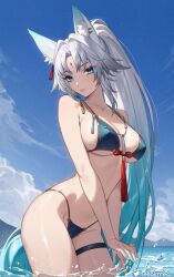  alternate_costume animal_ear_fluff animal_ears aqua_eyes aqua_nails bare_shoulders bikini blue_bikini blue_sky breasts cleavage closed_mouth collarbone commentary cowboy_shot day feixiao_(honkai:_star_rail) female forehead_jewel fox_ears fox_girl gradient_hair green_hair hair_intakes helloimtea highleg highleg_bikini highres honkai:_star_rail honkai_(series) large_breasts long_hair looking_at_viewer multicolored_hair nail_polish ocean outdoors paid_reward_available parted_bangs ponytail sidelocks sky smile solo swimsuit thigh_strap twitter_username very_long_hair wading wet white_hair 