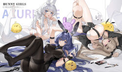  &gt;_&lt; +_+ 2023 3girls :3 absurdly_long_hair absurdres aged_up alternate_costume anchor_symbol anchorage_(azur_lane) animal_ears arm_strap ass azur_lane blue_eyes blue_hair bodystocking bow bowtie braid breasts choker covered_navel english_text fake_animal_ears flat_chest foot_out_of_frame highres huge_breasts large_breasts le_malin_(azur_lane) le_malin_(listless_lapin)_(azur_lane) leotard leotard_under_clothes light_brown_hair long_hair long_sleeves looking_at_viewer low_twin_braids lying makeup_brush manjuu_(azur_lane) miqilinfeizainie multiple_girls navel new_jersey_(azur_lane) nontraditional_playboy_bunny o-ring o-ring_choker official_alternate_costume on_back on_stomach pantyhose playboy_bunny purple_bow purple_bowtie purple_eyes rabbit_ears rabbit_tail simple_background tail the_pose thigh_strap thighband_bodystocking traditional_bowtie twin_braids undersized_breast_cup very_long_hair white_background white_hair white_leotard white_pantyhose wrist_cuffs 