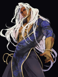  0inui0inui0 1boy abs alternate_color alternate_costume alternate_hair_color black_background black_pants blue_eyeliner bracelet brown_eyes chinese_clothes commentary dark-skinned_male dark_skin ear_piercing earrings eyeliner hair_down highres jamie_siu jewelry long_hair makeup male_focus multicolored_clothes muscular muscular_male nipples official_alternate_color official_alternate_costume official_alternate_hair_color open_clothes open_robe outstretched_hand pants pectorals piercing robe simple_background solo street_fighter street_fighter_6 stud_earrings white_hair xiangyun 