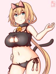  animal_ears artist_logo bell black_bra black_panties blonde_hair blue_eyes bra breasts cat_cutout cat_ear_panties cat_ears cat_lingerie cat_tail cleavage cleavage_cutout clothing_cutout contrapposto dated earrings female floating_earring frilled_bra frills groin hair_between_eyes jewelry jingle_bell kanon_(kurogane_knights) kantai_collection large_breasts long_hair looking_at_viewer low_ponytail meme_attire neck_bell one-hour_drawing_challenge panties pink_background side-tie_panties simple_background solo standing tail underwear underwear_only valiant_(kancolle) 