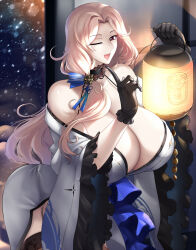  black_garter_straps black_gloves black_thighhighs blonde_hair blue_butterfly blue_ribbon breasts bug butterfly butterfly_ornament cleavage collarbone commentary_request female fur-trimmed_kimono fur_trim garter_straps gloves goddess_of_victory:_nikke haganef hair_over_shoulder hair_ribbon holding holding_lantern huge_breasts japanese_clothes kimono lantern long_hair looking_at_viewer ludmilla_(nikke) ludmilla_(winter_owner)_(nikke) official_alternate_costume one_eye_closed open_mouth parted_bangs red_eyes ribbon smile solo striped_ribbon thighhighs white_kimono 