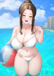  absurdres ball beach_umbrella beachball bikini blurry blurry_background breasts brown_hair building cleavage cloud female green_eyes hair_bun highres holding holding_ball holding_beachball large_breasts navel o-ring o-ring_top ocean open_mouth original rushian sidelocks sky skyscraper solo swimsuit thigh_gap umbrella water wet white_bikini 