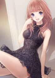  :d arm_support atelier_(series) atelier_lulua bare_shoulders black_dress blue_eyes blunt_bangs breasts brown_hair commentary_request dress female hand_up indoors kishida_mel lace-trimmed_dress lace_trim long_hair looking_at_viewer medium_breasts official_art open_mouth rorolina_frixell sitting sleeveless sleeveless_dress smile solo 