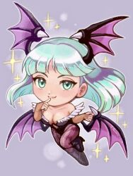  :3 bare_shoulders bat_wings boots breasts chibi chibi_only cleavage collarbone darkstalkers demon_girl female fingerless_gloves gloves green_eyes green_hair head_wings highres looking_at_viewer monster_girl morrigan_aensland multiple_wings pantyhose purple_background sparkle suruga_kanade wings 