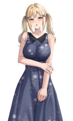  absurdres armpit_crease bang_dream! bare_arms bare_shoulders belt belt_buckle black_belt blonde_hair blue_dress blush breasts buckle collarbone commentary dress female floral_print hair_ornament hand_on_own_arm high_belt highres ichigaya_arisa korean_commentary large_breasts long_hair looking_at_viewer nose_blush parted_lips print_dress ptal simple_background sleeveless sleeveless_dress solo standing twintails white_background x_hair_ornament yellow_eyes 