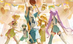  2girls 3boys absurdres aether_(genshin_impact) aqua_hair aqua_shorts ball bare_shoulders basketball_(object) black_hair blonde_hair blush breasts brown_hair cone_hair_bun crop_top double_bun flower genshin_impact green_hair green_shorts hair_between_eyes hair_bun hair_flower hair_ornament highres keqing_(genshin_impact) long_hair lumine_(genshin_impact) medium_breasts midriff multicolored_hair multiple_boys multiple_girls navel official_art paimon_(genshin_impact) ponytail purple_hair second-party_source shorts sportswear thighhighs tuhua twintails xiao_(genshin_impact) yellow_eyes zhongli_(genshin_impact) 