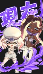  2girls :d absurdres aqua_eyes bare_shoulders bikini bikini_top_only black_background boots breasts brown_hair crop_top cross-laced_footwear dark_skin foreshortening grey_footwear grey_shorts hand_on_own_hip hat highres inkling lace-up_boots long_hair looking_at_viewer marina_(splatoon) medium_breasts midriff mole mole_under_mouth multiple_girls navel octoling official_alternate_costume open_mouth pants pearl_(splatoon) short_sleeves shorts simple_background smile splatoon_(series) splatoon_3 standing stomach swimsuit tentacle_hair thigh_strap wagashi425 white_footwear white_pants yellow_eyes 