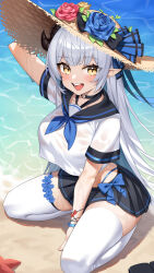  absurdres arm_behind_head arm_up artist_request beach between_legs black_choker black_sailor_collar black_skirt breasts choker crop_top crop_top_overhang day demon_horns female flower hand_between_legs hat hat_flower highleg highres horns indie_virtual_youtuber kneeling large_breasts long_hair looking_at_viewer midriff miniskirt neckerchief open_mouth outdoors panty_straps pleated_skirt pointy_ears rose sailor_collar second-party_source see-through shirt short_sleeves sidelocks skirt smile solo straw_hat tastti thighhighs thighs very_long_hair virtual_youtuber water wet wet_clothes wet_shirt white_hair white_shirt white_thighhighs yellow_eyes zettai_ryouiki 