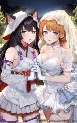  2girls animal_ear_fluff animal_ears atelier_(series) atelier_resleriana bare_shoulders black_hair blue_eyes blush braid breasts bridal_veil bride brown_hair cat_ears choker commentary_request copyright_notice cowboy_shot detached_sleeves dress ears_through_headwear gloves grey_eyes holding_hands hominamia interlocked_fingers izana_kokoschka izana_kokoschka_(dragon&#039;s_bride) japanese_clothes kimono large_breasts light_smile long_hair long_sleeves looking_at_viewer mask mask_on_head multiple_girls night night_sky official_alternate_costume official_art open_mouth outdoors resna_sternenlicht second-party_source sky sleeveless sleeveless_kimono standing tree veil wataboushi wedding_dress white_choker white_dress white_gloves white_kimono yuri 