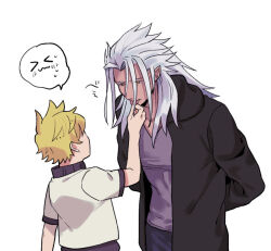  &gt;_&lt; 2boys age_difference arinta arm_up arms_behind_back black_hoodie blonde_hair blush collarbone dark-skinned_male dark_skin grey_hair grey_shirt hood hoodie kingdom_hearts kingdom_hearts_ii licking licking_another&#039;s_finger long_hair male_focus multiple_boys orange_eyes organization_xiii pants pointy_ears roxas shirt short-sleeved_sweater short_sleeves size_difference speech_bubble spiked_hair standing sweatdrop sweater tongue tongue_out v-neck white_background xemnas yaoi 