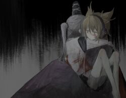  2girls arms_around_neck bare_legs barefoot black_background black_hat black_headphones blonde_hair blood blood_on_clothes blood_on_face closed_mouth detached_sleeves feet_out_of_frame gradient_background grey_background grey_hair hair_ears hat hat_ribbon highres hug injury japanese_clothes kariginu kimono knees_up long_hair long_sleeves mononobe_no_futo multiple_girls ponytail purple_kimono ribbon short_hair sitting sitting_on_lap sitting_on_person tate_eboshi touhou toyosatomimi_no_miko white_ribbon white_sleeves xingxunyou yellow_eyes 