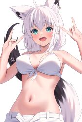  absurdres ahoge animal_ear_fluff animal_ears bikini blush braid breasts double_fox_shadow_puppet female fox_ears fox_girl fox_shadow_puppet fox_tail green_eyes highres hololive kumoru_(kumoru_145) large_breasts long_hair looking_at_viewer navel pentagram shirakami_fubuki shorts simple_background single_braid smile solo swimsuit tail virtual_youtuber white_background white_hair white_shorts 