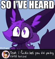  anthro big_ears black_hair canid canine duo felid feline fennec_fox fox fur green_eyes hair hi_res impact_(font) lucky_blackat lynx male mammal meme or_so_i&#039;ve_heard orange_body orange_fur purple_body purple_eyes purple_fur purple_hair roxo roxo_(artist) signature simple_background solo_focus text true_fox 