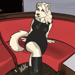  arctic_fox black_clothing black_dress canid canine clothing cross dress fox hi_res jewelry kingkuraselache mammal necklace sitting true_fox 