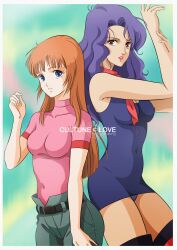  2girls arms_up bare_arms blue_eyes boots brain_powered breasts brown_hair character_request cleavage covered_navel covered_nipples dress grey_pants height_difference highres long_hair multiple_girls panties pants pantyshot parted_lips pink_shirt purple_dress purple_hair purple_panties red_eyes red_lips shirt short_dress short_sleeves skin_tight sleeveless sleeveless_dress standing straight_hair thigh_boots underwear utsumiya_hime very_long_hair waeba_yuusee 