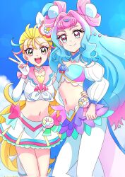  2girls :d blonde_hair blue_hair blue_sky closed_mouth collarbone crop_top cure_la_mer cure_summer day detached_collar elbow_gloves fingerless_gloves gloves gradient_hair green_eyes hand_on_another&#039;s_hip highres laura_la_mer leg_up long_sleeves looking_at_viewer midriff miniskirt momotarouooi multicolored_hair multiple_girls natsuumi_manatsu navel open_mouth outdoors pantyhose pink_hair pink_sailor_collar precure red_eyes sailor_collar skirt sky smile standing stomach tropical-rouge!_precure v white_gloves white_pantyhose white_skirt 