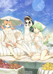  3girls ;d apple arm_support atelier_(series) atelier_ayesha atelier_escha_&amp;_logy atelier_shallie bare_legs barefoot beach_umbrella black_eyes blonde_hair braid breasts bridal_garter bright_pupils cleavage commentary_request cushion day dress escha_malier food fruit green_eyes green_hair hairband hand_to_head hat hidari_(left_side) long_hair looking_at_viewer multiple_girls official_art one_eye_closed open_mouth outdoors pink_hair round_teeth shallistera_(atelier) shallotte_elminus short_hair short_sleeves sitting small_breasts smile soles standing strap_slip sundress teeth twintails umbrella v wind wind_lift yokozuwari 