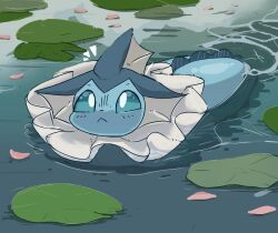  ambiguous_gender digital_media_(artwork) eeveelution feral generation_1_pokemon iceeon looking_at_viewer looking_up looking_up_at_viewer nenuphar nintendo petals pokemon pokemon_(species) pond solo tail vaporeon water 