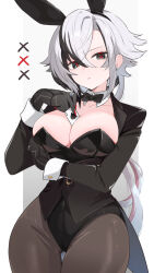  ace_(playing_card) ace_of_spades alternate_costume animal_ears arlecchino_(genshin_impact) black_bow black_bowtie black_eyes black_gloves black_hair black_leotard black_pantyhose border bow bowtie breasts card cleavage closed_mouth cowboy_shot earrings enipa_28 fake_animal_ears female genshin_impact gloves grey_background highleg highleg_leotard highres holding holding_card jewelry large_breasts leotard long_hair long_sleeves looking_at_viewer multicolored_hair object_on_breast pantyhose playboy_bunny playing_card rabbit_ears red_hair solo spade_(shape) streaked_hair symbol-shaped_pupils white_border white_hair wrist_cuffs x-shaped_pupils 