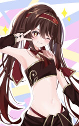  absurdres arm_warmers armpits bandeau blush brown_eyes brown_hair detached_collar female flat_chest genshin_impact grin hairband highres hu_tao_(genshin_impact) long_hair looking_at_viewer midriff navel one_eye_closed red_hairband rinmel9 smile solo stomach strapless tube_top twintails v very_long_hair 