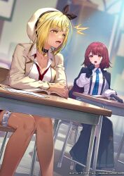  2girls ^^^ atelier_(series) atelier_resleriana atelier_sophie black_choker black_gloves black_jacket black_skirt blonde_hair blue_necktie book breasts brown_jacket chair choker classroom cleavage collared_shirt commentary_request desk drooling gloves gyaru hat indoors jacket large_breasts long_sleeves mouth_drool multiple_girls necktie official_alternate_costume official_art open_book open_mouth pleated_skirt red_hair red_necktie reisalin_stout reisalin_stout_(blooming_energy) school_chair school_desk school_uniform second-party_source shirt short_hair sitting skirt sleepy sophie_neuenmuller sophie_neuenmuller_(mighty_boss) tan white_hat white_shirt 