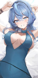  absurdres ako_(blue_archive) ako_(dress)_(blue_archive) armpits arms_up blue_archive blue_dress blue_eyes blue_hair blue_halo breasts cleavage crossed_bangs dress evening_gown female halo highres looking_at_viewer lying official_alternate_costume on_back plunging_neckline rimmon sideboob sideless_dress sideless_outfit sleeveless sleeveless_dress smile 