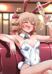  absurdres animal_ears armpits blush breasts crossed_legs cup drinking_glass female fishnet_pantyhose fishnet_thighhighs fishnets highres oerba_yun_fang open_mouth pantyhose playboy_bunny rabbit_ears rabbit_tail scavia10 shiny_skin solo sweatdrop tail thighhighs thighs touhou wine_glass yorigami_jo&#039;on 