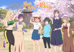  6+girls anna_aveiro aqua_eyes arm_up bare_arms baseball_cap black_hair black_leggings black_pants blonde_hair blue_dress blue_eyes blue_hair blue_jacket blue_shirt blue_skirt brown_dress brown_eyes brown_hair cherry_blossoms cherry_tree collarbone colored_inner_hair dress grass green_eyes green_hair green_sports_bra grey_eyes gym_uniform hand_on_headwear hat highres jacket kaionji_megumi leggings long_hair long_sleeves looking_at_viewer misora_kanata multicolored_hair multiple_girls na_nare_hana_nare navel obunai_suzuha official_art ootani_nodoka open_mouth pants pink_hair shirt short_hair short_sleeves sidelocks skirt smile sports_bra standing standing_on_one_leg t-shirt tanizaki_shion tree two-tone_hair waving white_shirt 