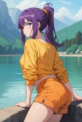  1girls ai_generated anime_style ass back back_view backside brazilian clothed clothing female iara_(tdm) lake looking_at_viewer looking_back looking_back_at_viewer mountain nature_background orange_shorts ponytail purple_eyes purple_hair shorts solo tree turma_da_monica turma_da_monica_jovem yellow_shirt 