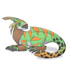  absurd_res accessory bandai_namco blue_eyes claws digimon digimon_(species) feathers feral green_body headband hi_res markings parasaurmon quadruped rey89563160 solo spots spotted_body striped_body stripes 