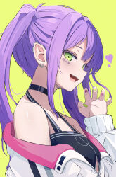  bare_shoulders black_choker breasts choker claw_pose commentary_request ear_piercing female from_side green_background green_eyes green_nails hand_up highres hololive jacket long_hair long_sleeves looking_at_viewer multicolored_nails nekonosuke off_shoulder open_mouth piercing pink_nails purple_hair sidelocks simple_background small_breasts smile solo teeth tokoyami_towa tokoyami_towa_(1st_costume) twintails upper_body upper_teeth_only virtual_youtuber white_jacket 