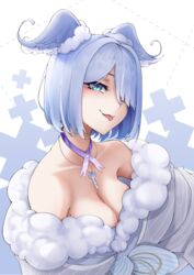  :p bare_shoulders blue_eyes blue_hair blue_wings breasts elira_pendora elira_pendora_(2nd_costume) female fur_trim grey_kimono hair_over_one_eye head_wings highres japanese_clothes jewelry key key_necklace kimono large_breasts maid mole mole_on_breast neck_ribbon necklace nijisanji nijisanji_en no_bra obi off_shoulder official_alternate_costume one_eye_covered ootoii parted_bangs purple_ribbon ribbon sash short_hair smile solo tongue tongue_out virtual_youtuber wa_maid wings 