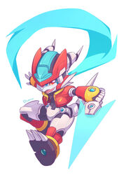  2023 anthro bandai_namco blue_body capcom claws clothed clothing cosplay digimon digimon_(species) fingers holding_melee_weapon holding_object holding_sword holding_weapon mega_man_(series) mega_man_zx melee_weapon model_x model_z pink_tongue red_clothing shoru simple_background solo sword teeth tongue veemon weapon white_background white_body 