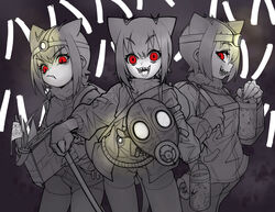  3girls animal_ears arai-san_mansion backpack bag book cage clone commentary contrapposto cowboy_shot crazy_smile empty_eyes fingerless_gloves fingernails fur-trimmed_jacket fur_collar fur_trim gas_mask giant_otter_(kemono_friends)_(kuro_(kurojill)) gloves greyscale handle headlamp highres holding holding_book holding_cage jacket kemono_friends laughing long_fingers looking_at_viewer map mask monochrome mouse_(animal) multiple_girls no_pants open_book otter_ears otter_girl otter_tail profile red_eyes scowl sharp_fingernails sharp_teeth short_hair shoulder_strap sideways_glance slit_pupils smile spot_color standing tail tape teeth thighhighs underwear unworn_mask v-shaped_eyebrows waa153 wide-eyed 