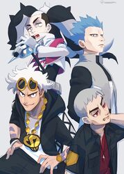  4boys arm_tattoo black_hair black_jacket black_pants blue_hair closed_mouth commentary_request cropped_jacket cyrus_(pokemon) eyeshadow eyewear_on_head green_eyes grey_eyeshadow grey_hair grey_vest guzma_(pokemon) hand_up hands_on_own_hips holding holding_microphone hood hooded_jacket jacket jewelry long_hair makeup male_focus microphone multicolored_hair multiple_boys music nanu_(pokemon) necklace ohhhhhhtsu open_clothes open_jacket open_mouth pants parted_lips piers_(pokemon) pokemon pokemon_dppt pokemon_sm pokemon_swsh red_eyes red_shirt shirt short_sleeves singing smile spiked_hair sunglasses tattoo team_galactic team_skull teeth tongue two-tone_hair undercut vest white_hair white_jacket white_shirt yellow-framed_eyewear 