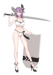  bikini black_footwear breasts eyepatch female floating_headgear full_body headgear high_heels highres holding holding_sword holding_weapon kantai_collection large_breasts navel neve_(morris-minicooper) official_alternate_costume over_shoulder purple_hair short_hair solo standing swimsuit sword tenryuu_(kancolle) tenryuu_(swimsuit_mode)_(kancolle) weapon weapon_over_shoulder white_background white_bikini yellow_eyes 