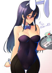  alternate_costume animal_ears black_hair black_leotard blue_bow blue_bowtie blush bow bowtie breasts bunny_day cherry cocktail_glass collarbone covered_navel cowboy_shot cup date_pun dated detached_collar drinking_glass embarrassed fake_animal_ears female food fruit grey_eyes hair_between_eyes holding holding_tray kantai_collection large_breasts leotard looking_at_viewer number_pun oyashio_(kancolle) pantyhose playboy_bunny rabbit_ears simple_background solo strapless strapless_leotard taketora_suzume tray white_background wrist_cuffs 