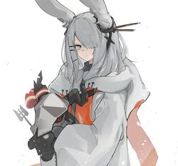  animal_ears arknights character_doll coat female frostnova_(arknights) grey_eyes grey_hair hair_ornament hair_over_one_eye hairclip highres holding holding_mask long_hair looking_at_viewer mask mikozin patriot_(arknights) rabbit_ears simple_background snow solo standing upper_body white_background white_coat 