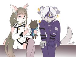  anthro blue_eyes brown_hair canid canine canis chuurow doll domestic_dog duo eye_patch eyewear femboy fur grey_body grey_fur hair hi_res lifewonders long_hair male mammal moritaka_(tas) pink_body pink_fur tail tail_motion tailwag tanetomo_(tas) tokyo_afterschool_summoners white_hair yoshito_(tas) 