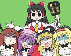  5girls alice_margatroid black_bow black_bowtie black_eyes black_hair blonde_hair blue_eyes blush bow bowtie braid breasts brown_eyes brown_hair bseibutsu cleavage clenched_teeth collared_shirt cookie_(touhou) crescent crescent_hat_ornament demon_wings detached_sleeves empty_eyes frilled_bow frilled_hair_tubes frilled_hairband frills gloom_(expression) green_background gunbai hair_tubes hairband hairbow hakurei_reimu hat hat_bow hat_ornament head_wings kasai_(cookie) kirisame_marisa koakuma long_hair mai_(cookie) medium_bangs medium_breasts mikami_makoto mob_cap multiple_girls necktie noel_(cookie) oerba_yun_fang open_mouth patchouli_knowledge pink_headwear purple_eyes purple_hair red_bow red_hairband red_shirt red_skirt ribbon-trimmed_sleeves ribbon_trim sarashi shirt short_hair side_braid simple_background single_braid skirt sleeveless sleeveless_shirt smile teeth touhou triangle_mouth upper_body war_fan white_bow white_shirt white_sleeves wings witch_hat yayoi_usagi yellow_necktie 