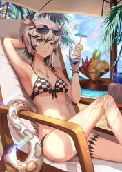  absurdres animal_ear_fluff animal_ears arknights arm_behind_head arm_up armpits bad_id bad_pixiv_id banana bare_arms bare_legs bare_shoulders beach_umbrella bikini black_hair blue_sky breasts chair checkered_bikini checkered_clothes cliffheart_(arknights) collarbone commentary cup day drinking_glass drinking_straw eyewear_on_head fall_(aki) feet_out_of_frame female food fruit grey_eyes grey_hair hair_between_eyes hand_up highres holding holding_cup jewelry knee_up leopard_ears leopard_tail looking_at_viewer medium_breasts multicolored_hair navel no_headwear palm_tree pendant photoshop_(medium) pineapple short_hair sitting sky smile snow_leopard_girl snow_leopard_tail solo stomach streaked_hair sunglasses sweat swimsuit tail thighs tree umbrella 