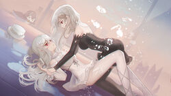  2girls arknights ass bare_shoulders bird black_dress black_thighhighs blush breasts chinese_commentary commentary_request cup dress drinking_glass dutch_angle eye_contact feet_out_of_frame from_side grey_hair hair_between_eyes hand_up hat highres holding holding_cup kneeling large_breasts long_hair long_sleeves looking_at_another lying magallan_(arknights) multiple_girls on_back parted_lips penguin profile red_eyes short_dress skadi_(arknights) specter_(arknights) strapless strapless_dress thighhighs thighs unworn_hat unworn_headwear white_headwear white_legwear yizhibao yuri 